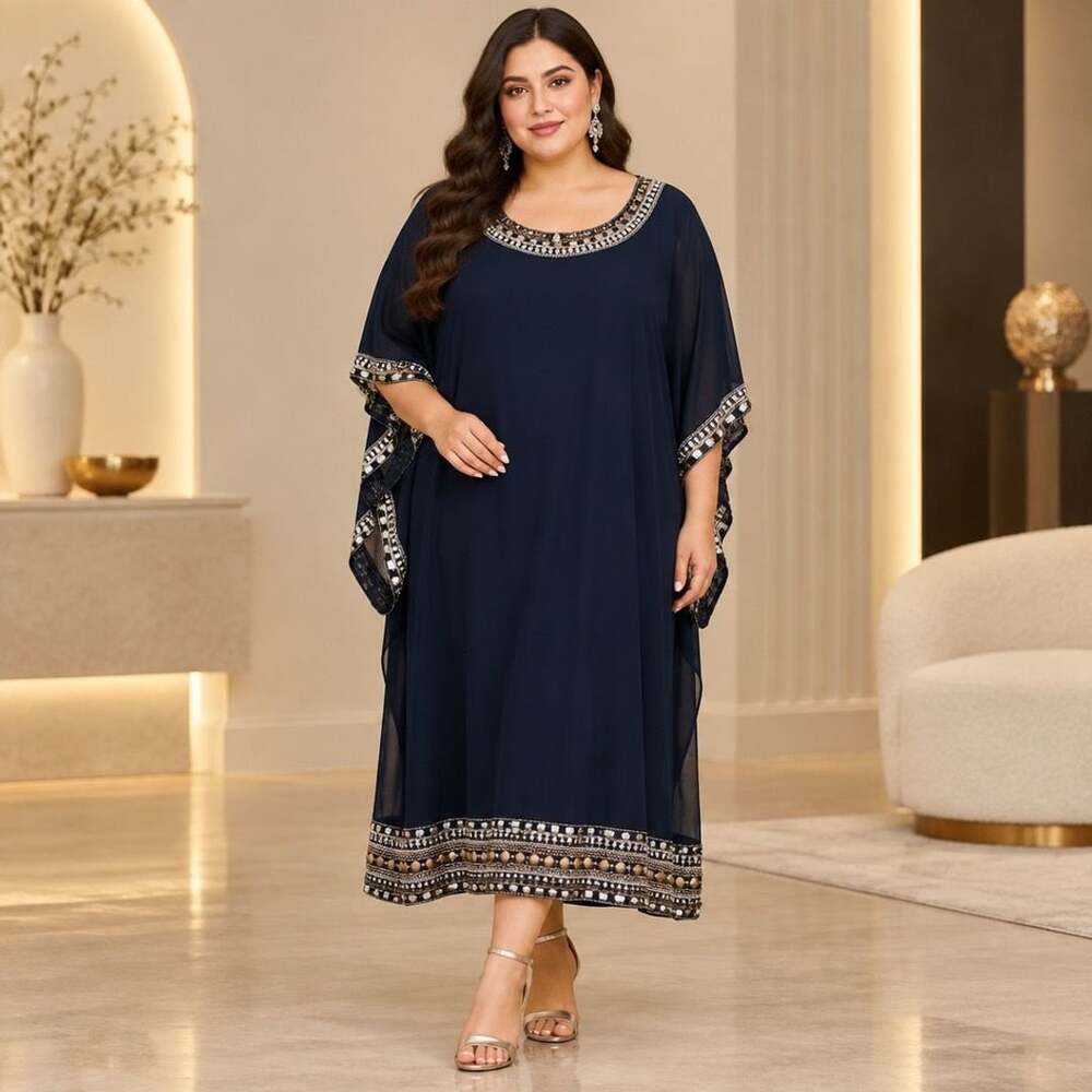 Jkara Dress Size 20W Blue Beaded Chiffon Kaftan Maxi Cocktail